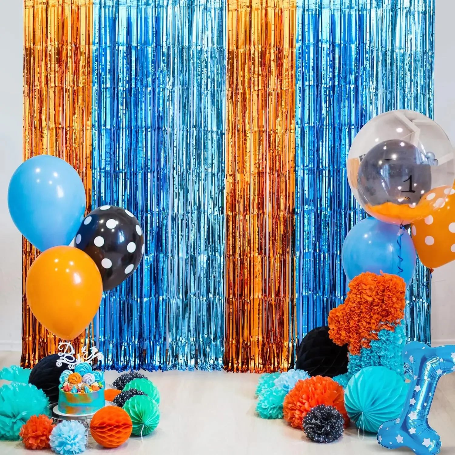 Pet Supplies App - Orange Blue Dog Foil Fringe Curtains